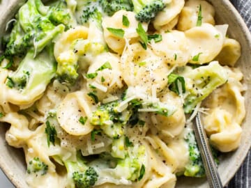 A bowl of pasta with broccoli and parmesan cheese.