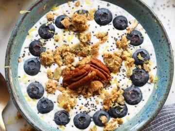 Chia Yogurt Power Bowl topped with blueberries and granola.