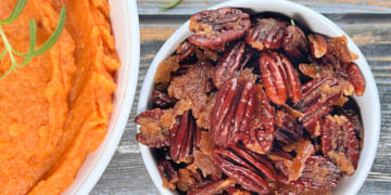 Vegan Whipped Sweet Potatoes with Candied Pecan Topping