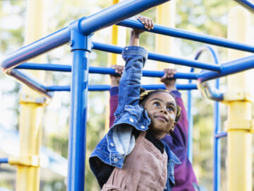 girl playing on playground monkey bars