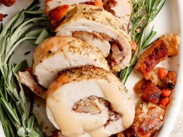 Roasted turkey stuffed with sage and thyme.