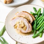 Stuffed Turkey Breast with Cranberry Stuffing with green beans.