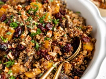 Quinoa with cranberries and nuts in a white bowl.