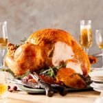 This Herb and Salt-Rubbed Dry Brined Turkey comes out so moist and flavorful, with crispy golden skin and juicy tender meat.