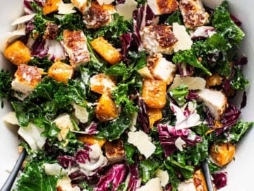 A bowl of kale salad with chicken and parmesan.