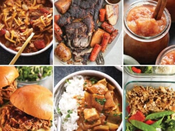 Healthy collage of pictures featuring slow cooker recipes with meat, rice, and vegetables.