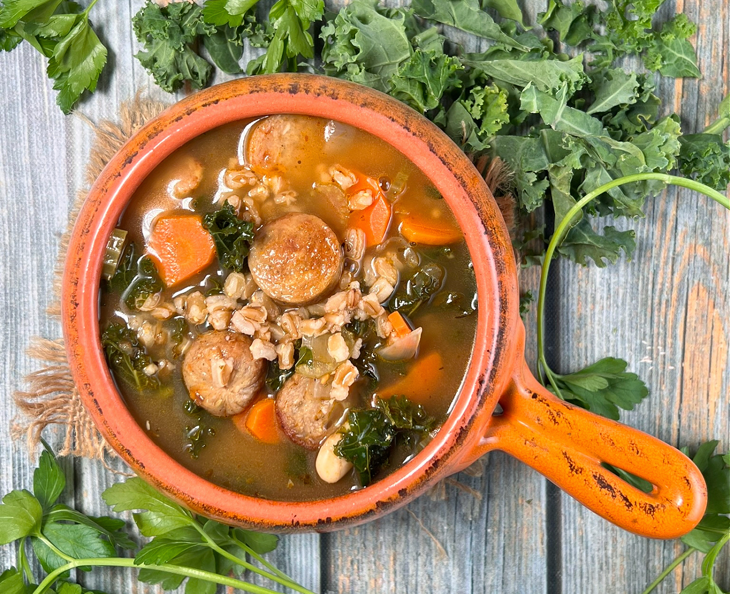 One Pot Italian Sausage, Bean, and Farro Vegetable Soup