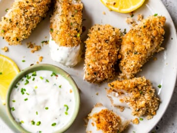 Baked Fish Sticks with Lemon Caper Sauce