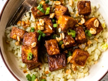 Air Fryer Peanut Curry Tofu with Gingery Cauliflower Rice