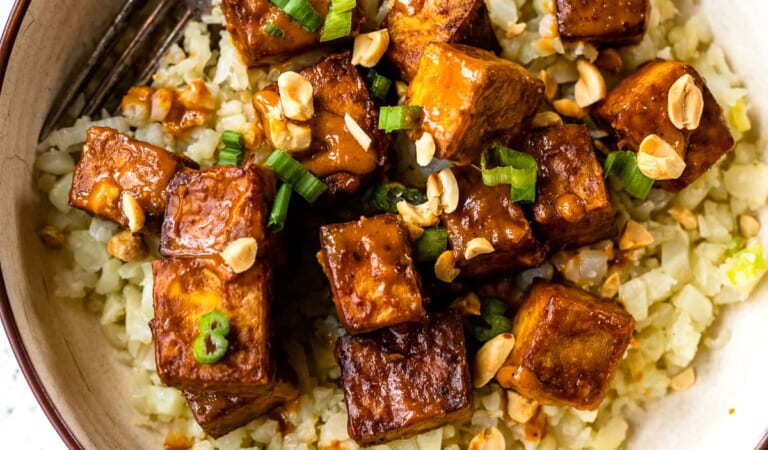 Air Fryer Peanut Curry Tofu with Gingery Cauliflower Rice