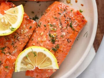raw salmon on plate.