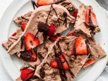 Chocolate strawberry frozen yogurt bark.