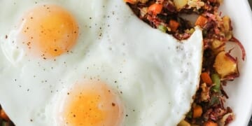 Corned Beef Hash with sunny side up eggs.