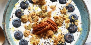 Chia Yogurt Power Bowl topped with blueberries and granola.