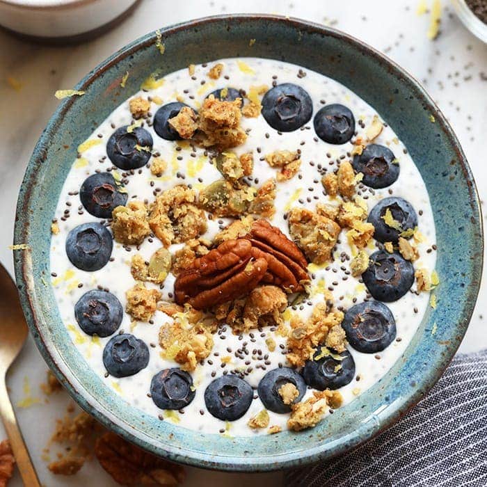 Chia Yogurt Power Bowl topped with blueberries and granola.