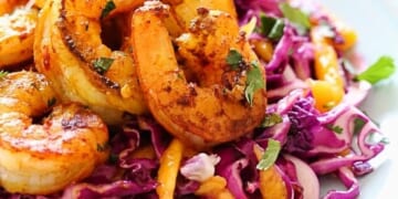 Turmeric Shrimp with mango and cabbage slaw