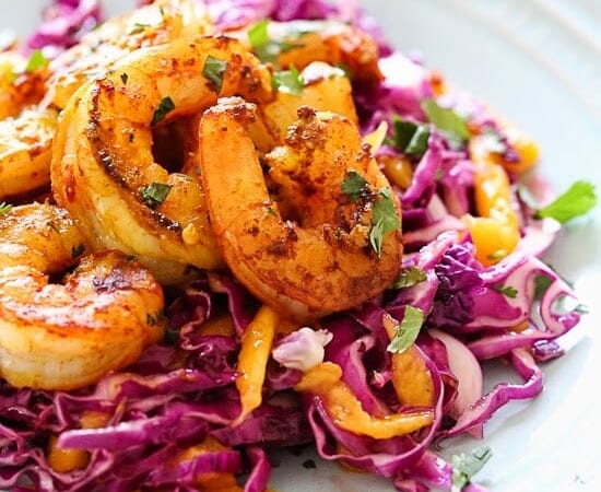 Turmeric Garlic Shrimp with Cabbage-Mango Slaw